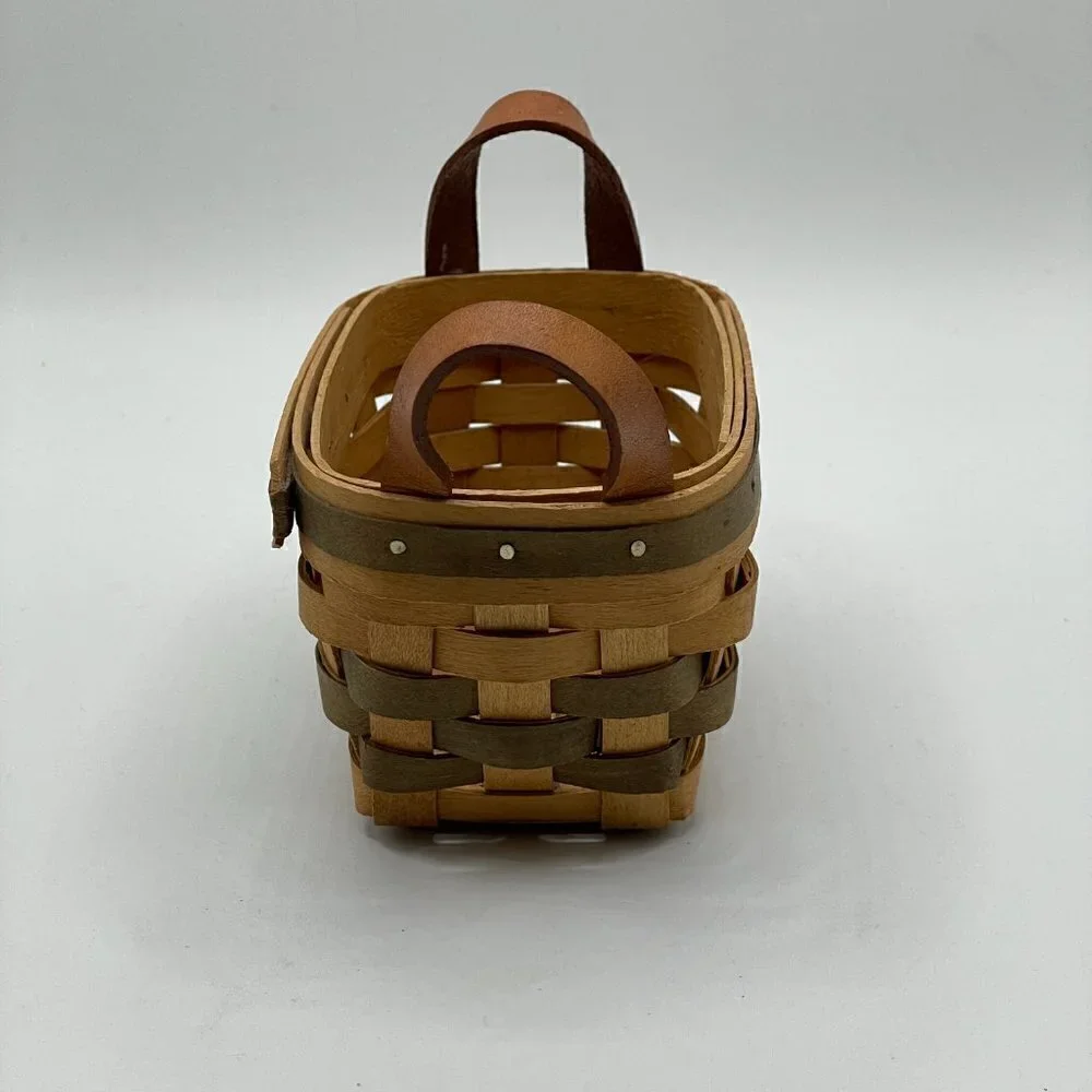 Bradford Basket Vintage Signed 1994 Handwoven Leather Handle Green Trim Basket